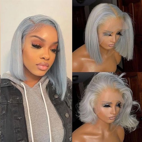ALI V Grey Bob Wigs Human Hair 13ﾗ4 Grey Lace Front Wigs Human Hair HD Lace Front Wigs Silver Bob Human Hair 180 Density Grey Human Hair Wigs Silver Grey Wigs for Black Women Human Hair 10in