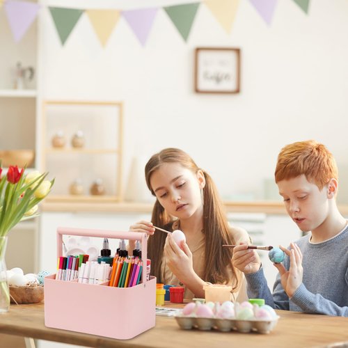 LAFARA Art Supply Storage Organizer, Multipurpose Caddy Organizer with Handle and Adjustable Divider, Plastic Portable Craft Storage Organizer Caddy Tote for Art Supplies, Crafts, Sewing (Pink)