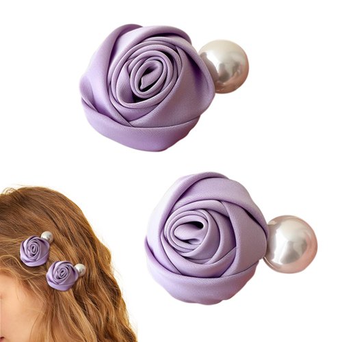 2-Pack Mini Rose Flower Pearl Hair Clips for Women Girls Fabric Floral Hairpin Barrettes Hair Accessories (Purple)