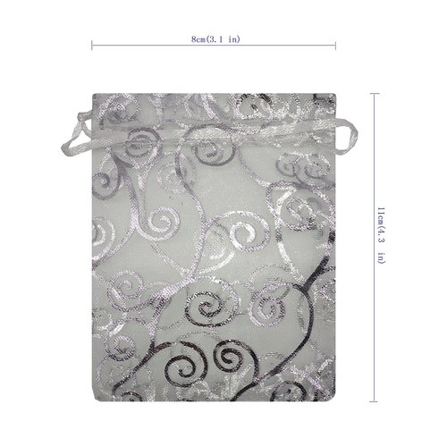 Ankirol 100pcs Sheer Organza Favor Bags For Wedding Baby Shower Rattan Print Gift Bags Samples Display Drawstring Pouches (3x4, silver)