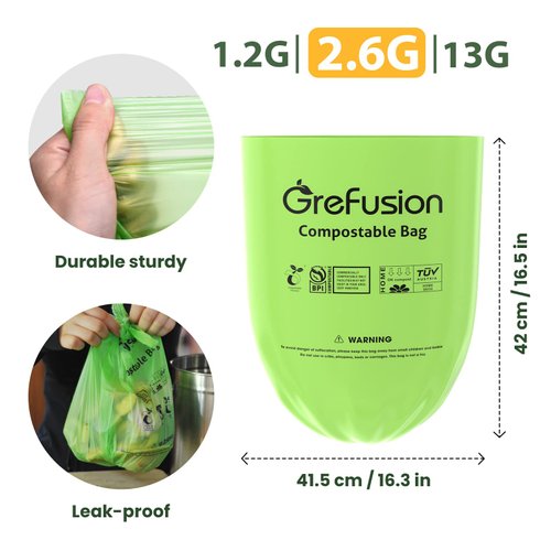GreFusion 2.6 Gallon Compostable Trash Bags, 100 Count, Extra Thick 0.71 Mil, Certified by BPI and ASTM D6400, Perfect Fit for Small Trash Cans