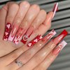 Valentine's Day Press on Nails Long Coffin BAOYAALIN, Cute Pink Fake Nails with 3D Pearls Heart Design Gel Glue on Nails for Women Girls Acrylic Artificial False Stick on Nail for Wedding 24Pcs