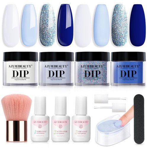 AZUREBEAUTY Dip Powder Nail Kit, Summer Aquarius White Navy Blue Glitter 4 Colors Acrylic Dipping Powder Liquid Set with Base/Top Coat Activator for French Nail Art Manicure DIY Gift for Women
