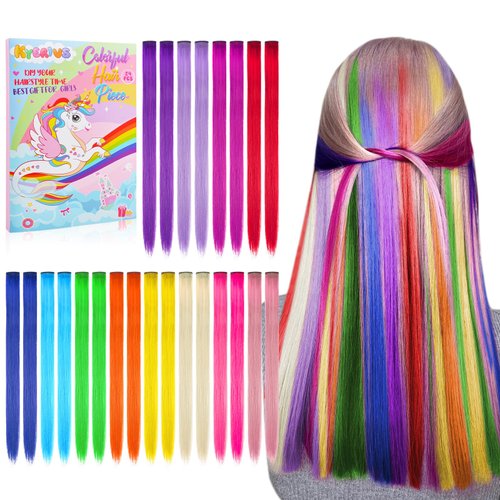 Christmas Birthday Gift for Girls 24PCS Colored Clip in Hair Extensions Age 4 5 6 7 8 9 10-12 Year Old, 20Inch Colorful Hair Accessories Stocking Stuffers for Girl Party Temporary Hair Color for Kids