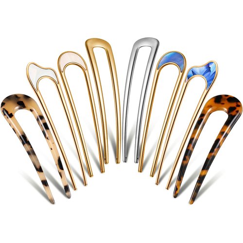 Chuangdi 8 Pcs U Shaped Hairpin French Style Hair Stick Tortoise Shell Metal Hair Pin Fork Sticks with 2 Prongs Updo Chignon Pins Hair Styling Accessories for Women (Light Tortoise, Tortoise Shell)