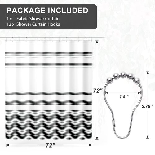 AmazerBath Shower Curtain, Washable Cloth Black Shower Curtain Sets with 12 Shower Curtain Hooks, Fabric Rustic Black and White Striped Shower Curtain, Farmhouse Bathroom Shower Curtain, 72x72 Inches
