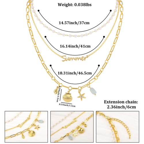 Layered Summer Choker Necklaces for Women, 14K Gold Plated Multi-Layer Paperclip Link Chain with Letter "Summer" Gold Conch Shell Starfish Blue Stone Ocean Charm Layering Design Chunky Chain Choker
