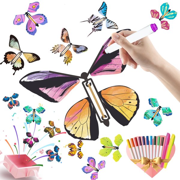 20 Pack Painting Butterfly Craft Kit for Kids, Rubber Band Wind Up Butterfly Toy, Kids Arts Craft Kit, 8 Paper Butterflies and 12 Color Pens, Make Your Own Magic Butterfly,Party Game,School Activity