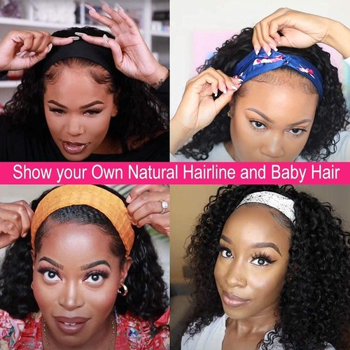 mengkai 14 Inch Glueless Headband Wig Human Hair150% Curly Headband Wig Human Hair Natural Color Machine Made Curly Headband Wig Human Hair Kinky Curly Headband Wig Human Hair 100% Human Hair Wigs