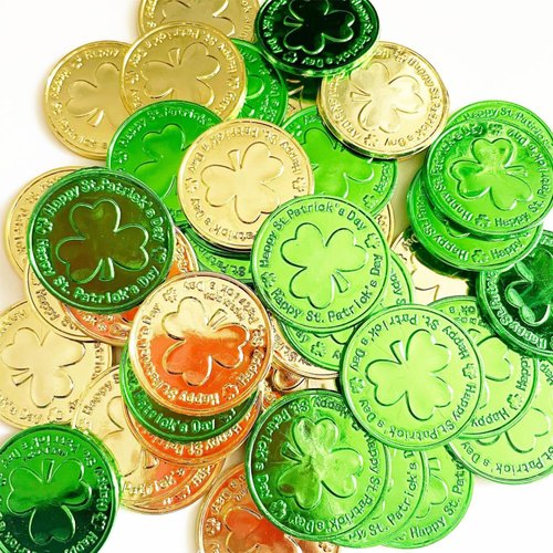 Lippbest St Patricks Day Gold Coins, 120 Pcs Gold and Green Lucky Coins Plastic Shamrock Leprechaun Coins, St Patricks Day Decorations for Irish St. Patrick's Day Party Table Decorations