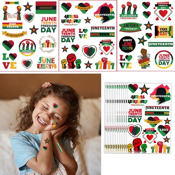 CupaPlay 440PCS Happy Juneteenth Day Party Favors Tattoos Temporary Freedom Day Patriotic Party Supplies Goodie Bag Stuffers Favors Prize(30 Sheets)