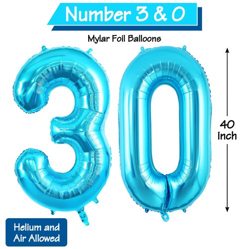 40 Inch Blue 30 Number Balloons, Jumbo Foil Balloons for 30th Birthday Party Decorations Supplies / 30th Anniversary Event