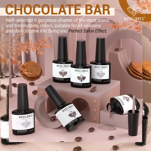 modelones Gel Nail Polish Set- 6 Colors Chocolate Brown Coffee Gel Polish Kit Brown Glitter Nail Polish Gel Nude Brown Colors Gel Nail Kit Soak Off Popular Nail Art Gifts for Women DIY Manicure Home