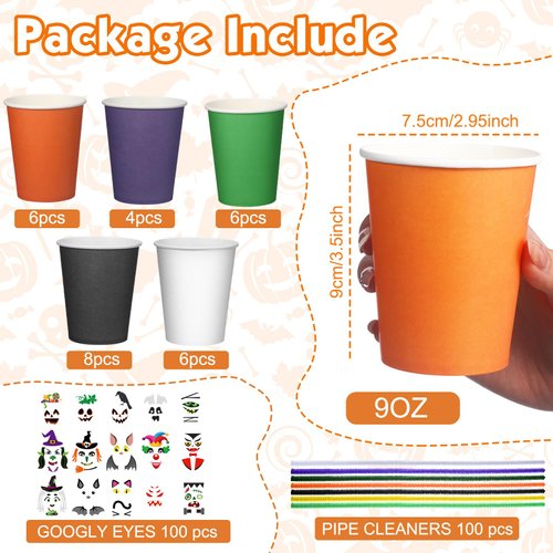 Sliner 190 Pcs Halloween DIY Paper Cup Craft Kits, 9 oz Halloween Theme Paper Cups Happy Halloween Party DIY Cards Colorful Twist Ties for Boys Girls Halloween Holiday DIY Crafts Supplies Favors