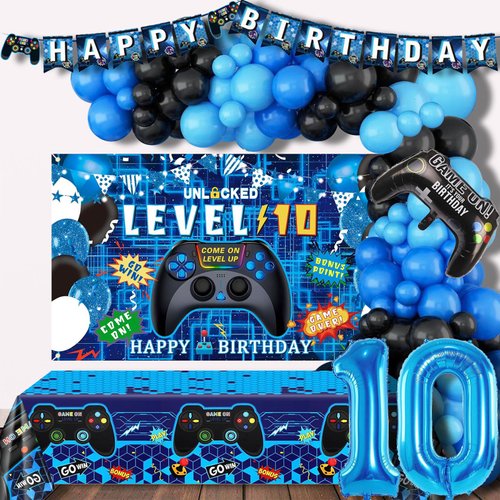 Fymural 10th Birthday Decorations Boys, 135PCS 10 Year Old Video Game On Party Supplies Including Birthday Banner, Backdrop, Balloon Arch/ Garland Kit, Tablecloth