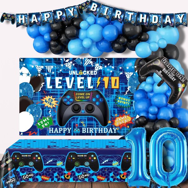 Fymural 10th Birthday Decorations Boys, 135PCS 10 Year Old Video Game On Party Supplies Including Birthday Banner, Backdrop, Balloon Arch/ Garland Kit, Tablecloth