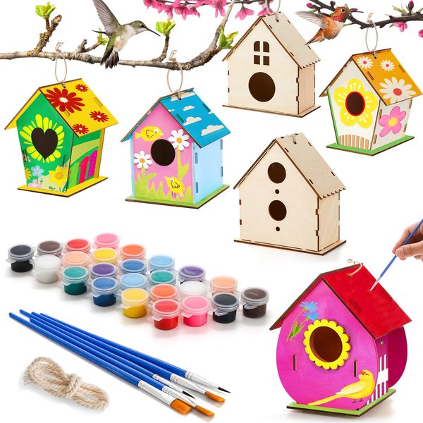 Coloch 6 Pack DIY Birdhouse Kits, Wooden Crafts Arts for Children to Build and Paint (Includes Paints, and Brushes), Painting Puzzle DIY Wooden Assembly for Boys, Girls, Toddlers, Kids, Adults