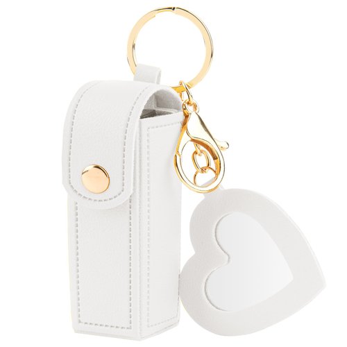 Beautyflier Lipstick Organizer Keychain Chapstick Case with Mirror for Women, Portable Lipstick Leather Holder Lip Gloss Bag Lip Balm Case for Travel, Party, Holiday Gifts (White, Heart)