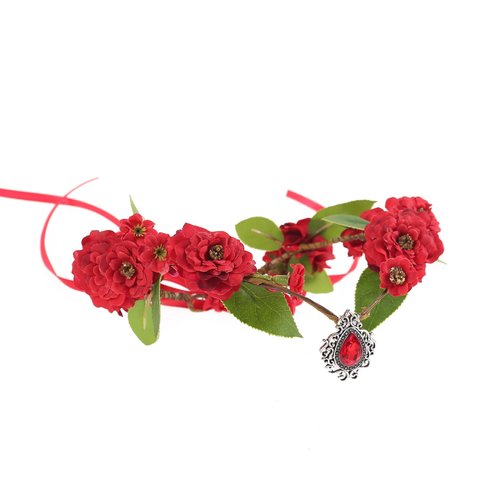 Bubbmi Elf Costume Red Flower Crown Headband with Pendant, Cosplay Party Woodland Fairy Headpiece for Women Girls