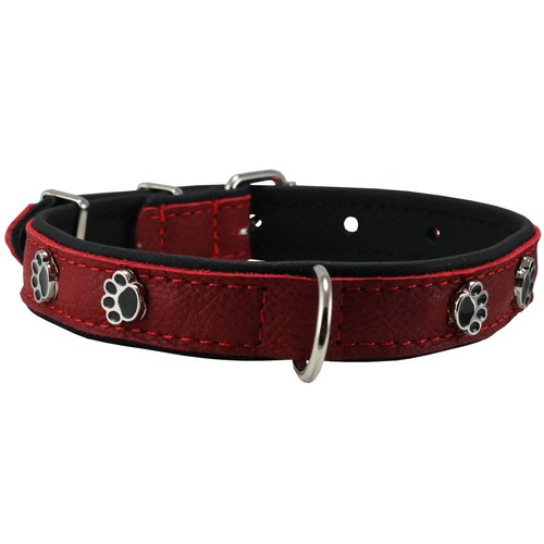 Genuine Red Leather Metal Paw Studs Soft Red Leather Padded Dog Collar 5/8" Wide. Fits 10"-12" Neck.
