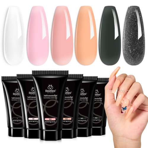 Beetles Poly Nail Extension Gel Kit, 6 Colors Clear Pink Nude Grey Glitter Neutral Poly Nail Gel Kit Jelly Gel Quick Building Nail Enhancement Manicure Kit Nail Art Design DIY Salon Home Gift