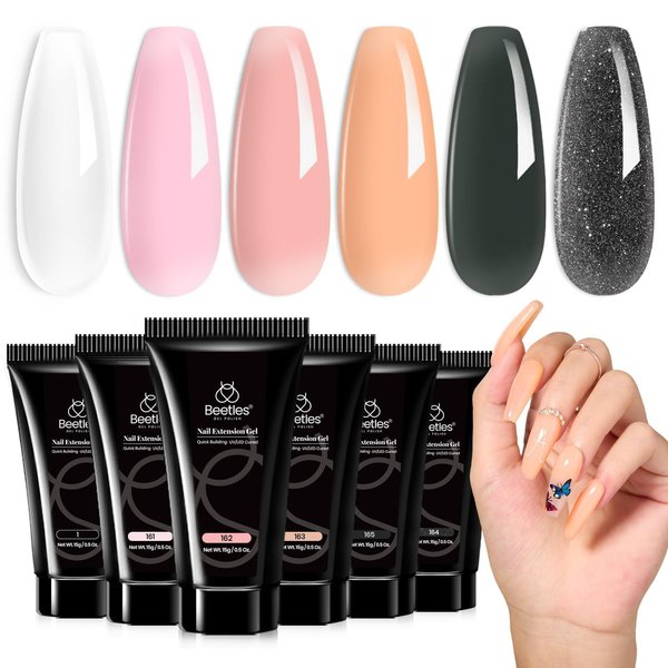 Beetles Poly Nail Extension Gel Kit, 6 Colors Clear Pink Nude Grey Glitter Neutral Poly Nail Gel Kit Jelly Gel Quick Building Nail Enhancement Manicure Kit Nail Art Design DIY Salon Home Gift