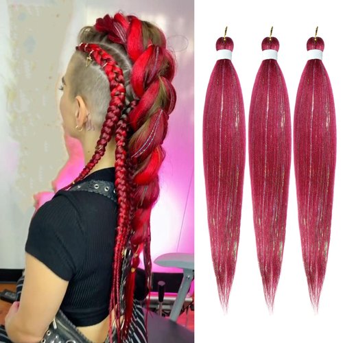 Savasana Rose Red with Tinsel Pre stretched Braiding Hair, 26 Inches Kanekalon Box Braids Hair Ex...