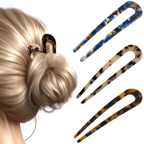 French Hair Forks, Tortoise Shell U-Shape Updo Hair Pins Clips for All Hair Types, Classic 2 Prong Bun Hair Sticks, Cellulose Acetate Chignon Accessories for Women, Vintage Style, 3-Pack