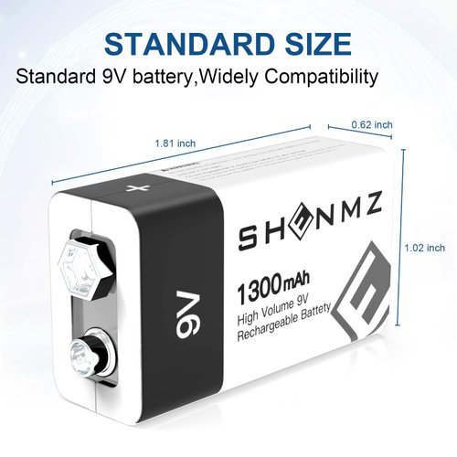 9V Rechargeable Batteries, 1300mAh High Capacity Lithium-ion Long Lasting 9 Volt Batteries with 2 in 1 USB C Fast Charging Cable for Smoke Detector,Alarms,Microphone,Metal Detector Multimeters-2 Pack