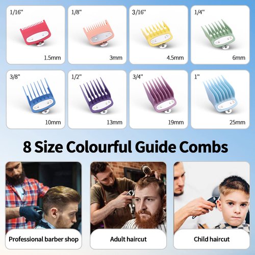 YHAYHO 8 Color Professional Hair Trimmer/Clipper Guard Combs Guide Combs with Metal Clip Color Coded Cutting Guides/Combs - 1/16" to 1"(1.5-25mm) -Great for Hair Clippers/Trimmers Attachment