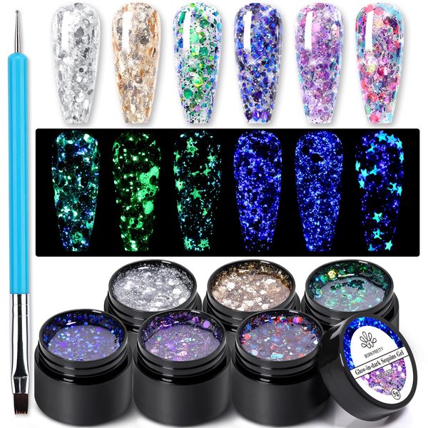 Born Pretty Glitter Gel Nail Polish Glow in the Dark Halloween Gel Nail Polish Set Luminous Nail Polish Sparkly Shiny Gel Polish Kit with Nail Brush Soak Off Nail Polish Home DIY Manicure Varnish
