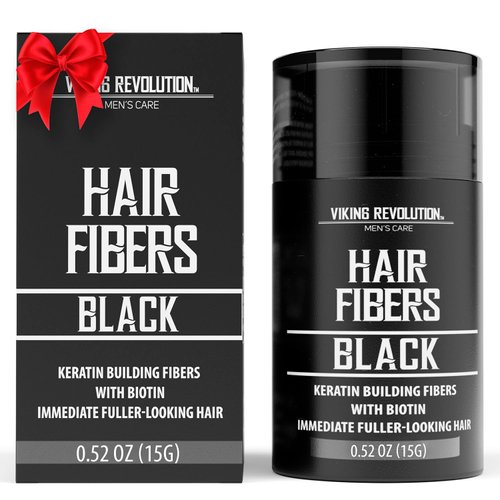 Viking Revolution Black Hair Fibers for Thinning Hair Men - Thick Fiber for Bald Spot Cover Up - Hair Building Fibers with Kerating and Biotin - Hair Fiber for Men for Thicker and Fuller Look (0.52oz)