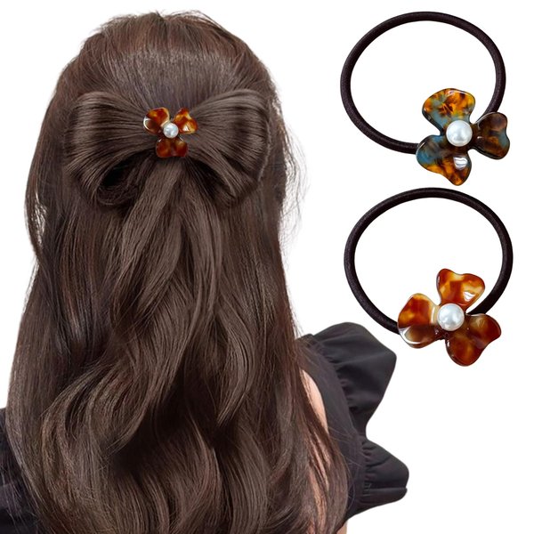 Flower Hair Scrunchies for Women Red White Elastic Hair Ties Flower Thin Hair Ties Floral Ponytail Holder Spring Hair Accessories Hair Bands 2Pcs (B)