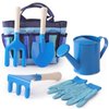 Kids Gardening Tools Set, Toddler Play Kit Child Outdoor Toy with Gloves, Watering Can, Metal Shovel, Rake, Fork & Storage Bag, Backyard Sand Digging Birthday Holiday Present for Boys Girls 3-5 (Blue)