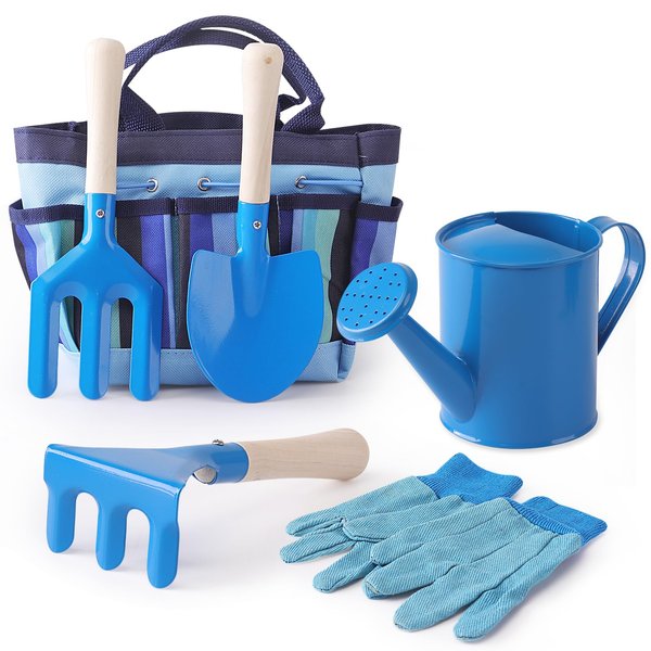 Kids Gardening Tools Set, Toddler Play Kit Child Outdoor Toy with Gloves, Watering Can, Metal Shovel, Rake, Fork & Storage Bag, Backyard Sand Digging Birthday Holiday Present for Boys Girls 3-5 (Blue)