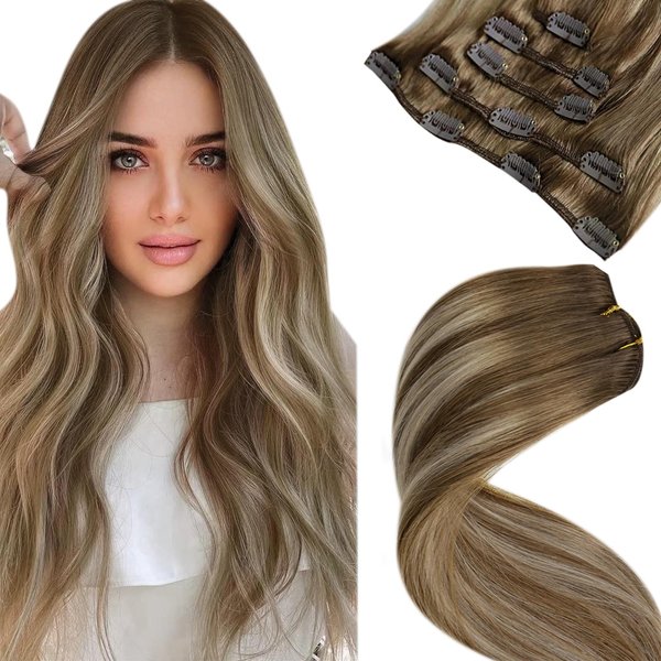 LaaVoo Balayage Clip in Hair Extensions Brown to Blonde Ombre Remy Hair Extensions Clip in Human Hair Long Straight Real Hair Extensions 22 inch 5pcs/80g