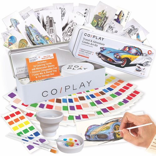 COIPLAY 648 Color Blocks Watercolor Paint Set, 52-Bookmarks, 3 Brushes, Silicone Cup, Travel & Adventure Coloring Books, for All Ages, Travel-Friendly, Easy to Use,No Mess, All in One Art Supplies