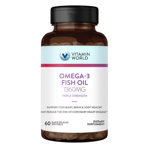 Vitamin World Triple Strength Omega-3 Fish Oil 1360 mg 60 softgels, 950 Active Omega-3, Heart Health, Cardio Support, Rapid-Release, Gluten Free