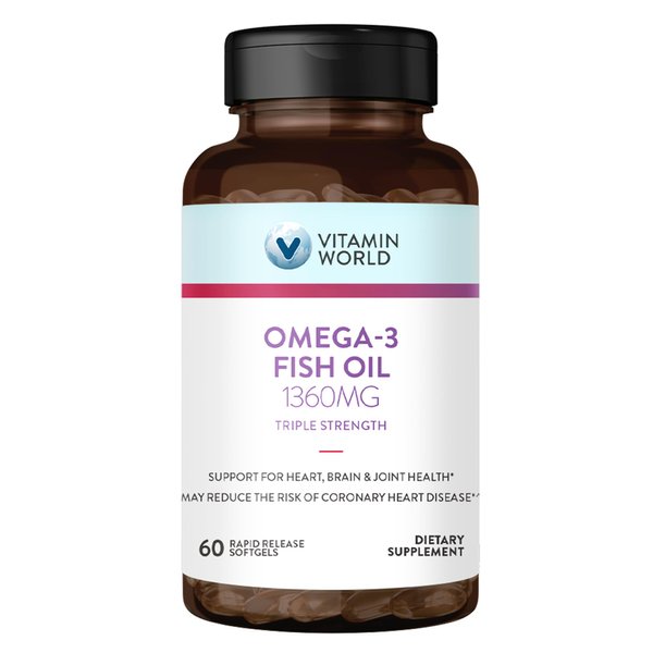 Vitamin World Triple Strength Omega-3 Fish Oil 1360 mg 60 softgels, 950 Active Omega-3, Heart Health, Cardio Support, Rapid-Release, Gluten Free