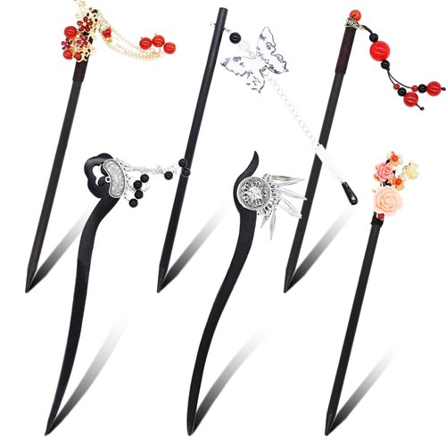 6 Pcs Chinese Hair Sticks, Vintage Asian Chinese Traditional Hair Sticks, Handmade Wooden Hair Chopsticks, Chinese Japanese Hair Accessories Flower Tassel Chopsticks Hair Pins for Long hair