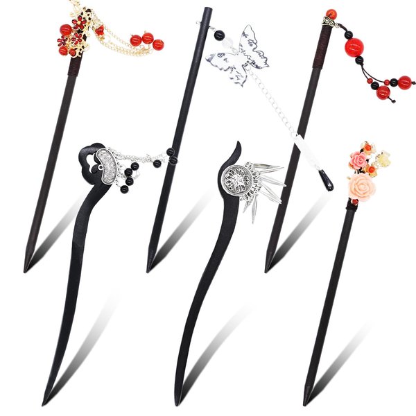 6 Pcs Chinese Hair Sticks, Vintage Asian Chinese Traditional Hair Sticks, Handmade Wooden Hair Chopsticks, Chinese Japanese Hair Accessories Flower Tassel Chopsticks Hair Pins for Long hair