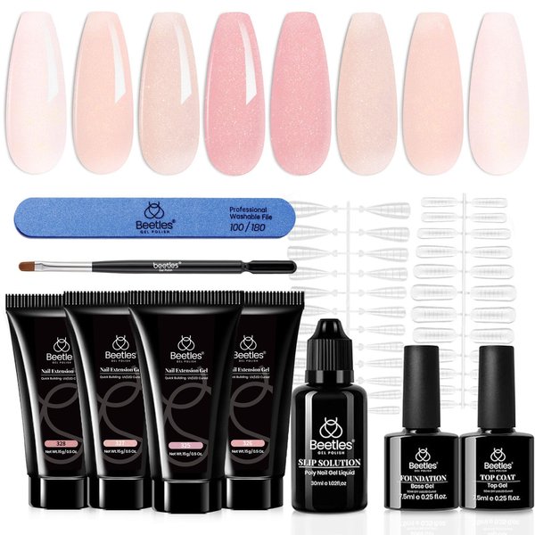 Beetles Poly Extension Gel Nail Kit, 4 Colors Nude Pink Neutral Poly Nail Gel With Base Top Coat Trendy Nail Art Design Nail Manicure Enhancement All In One Poly Nail Gel Kit