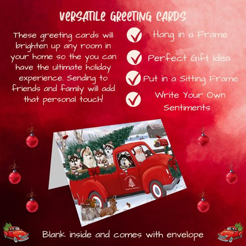 Christmas Santa Express Delivery Red Truck Siberian Huskies Dog Greeting Cards - Adorable Pets Invitation Cards with Envelopes - Pet Artwork Christmas Greeting Cards GCD69044 (1 Greeting Card)