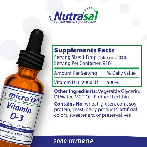 Nutrasal Micro D3 Vitamin D-3 Drops - High Concentrate (2 Million IU's) Vitamin D3 with Nano Technology and Up to 10X More Absorption -1 oz (30 ml)