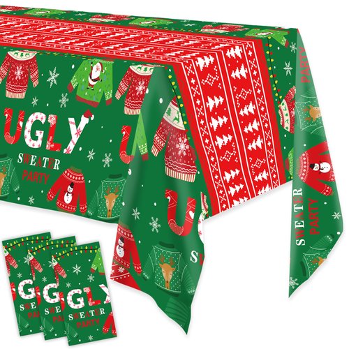 Stcomart 3 Pack Christmas Ugly Sweater Disposable Tablecloths, 54 x 108 Inch Christmas Ugly Sweater Theme Plastic Disposable for Rectangle Tables Christmas Supplies, Green