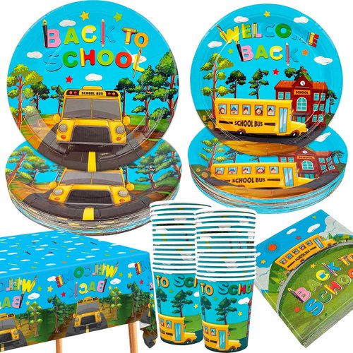 Back to School Decorations 121 Pieces School Bus Plates Napkins and Cups for First Day of School Party Supplies Welcome Back to School Theme Decorations