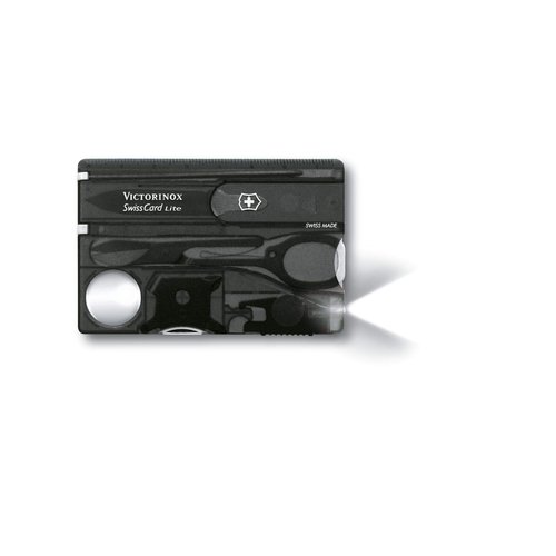 Victorinox Swiss Card Lite Swiss Army Knife, 13 Function Swiss Made Pocket Knife with Magnifying Glass LED and Tweezers - Onyx