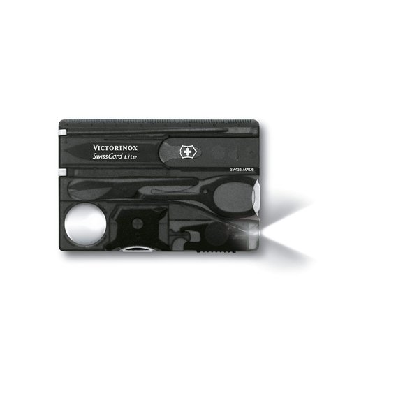 Victorinox Swiss Card Lite Swiss Army Knife, 13 Function Swiss Made Pocket Knife with Magnifying Glass LED and Tweezers - Onyx