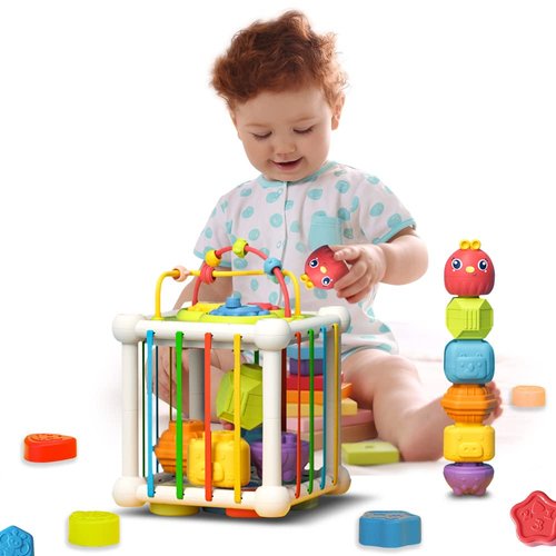 DaDaworld Shape Sorting Toys, Shape Sorter Toys for Toddlers 1-3 with 11Pcs Colorful Shape Blocks, Montessori Toys for 1 Year Old with Elastic Bands Early Learning Infant Toys 18 Months+