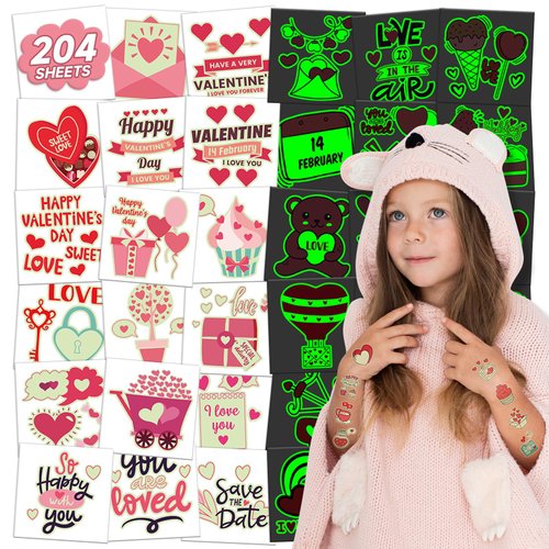 EMOME 204 PCS Individually Wrapped Luminous Valentine's Day Temporary Tattoo Kids, Glow Kiss Heart Tattoos Temporary for Women Kids, Valentine's Day Accessories Decorations Party Favors Supplies